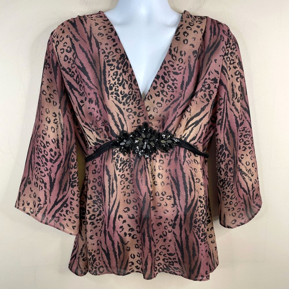 Nicole Miller Y2K Animal Print Top XLarge Empire Tie Back Beaded Urban City Chic